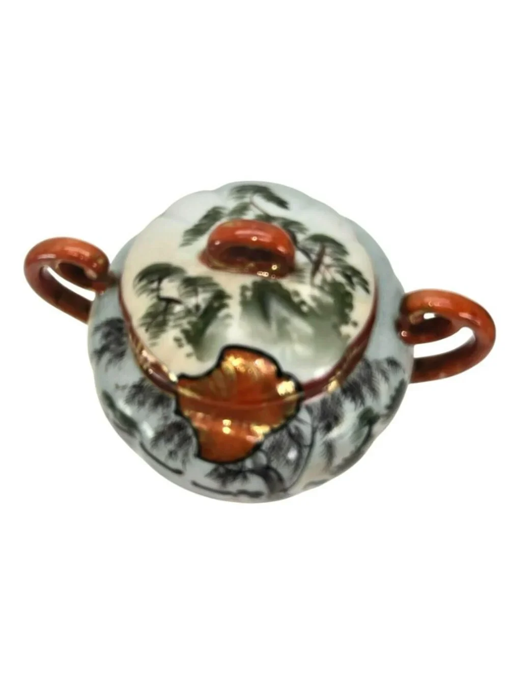 Vintage Japanese Sugar Bowl Hand-Painted Porcelain Lidded With Handles JE322